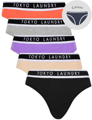 Fran (5 Pack) Cotton Assorted Briefs in Jet Black / Smoke Gray / Fairy Wren / Light Grey Marl / Deep Sea Coral - Tokyo Laundry