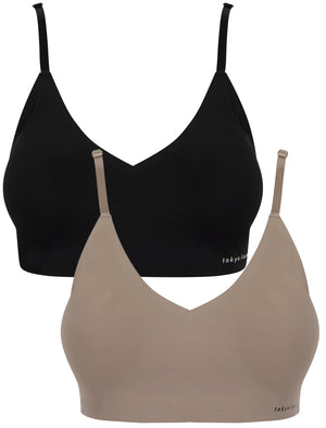 Lola (2 Pack) Non-Wired Full Cup Soft Padded Stretch Nylon Bralette with Back Lace Detail in Jet Black / Mink - Tokyo Laundry