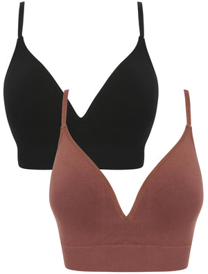 Lucile (2 Pack) Non-Wired Full Cup Soft Padded Stretch Rayon Plunge Bralette in Jet Black / Marron - Tokyo Laundry