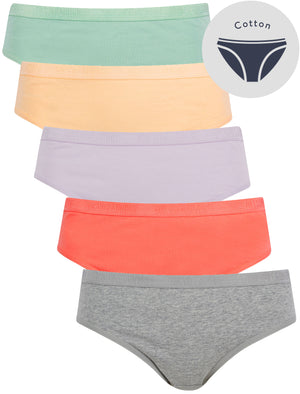 Evie (5 Pack) Cotton Assorted Briefs in Light Grey Marl / Shell Pink / Orchid Petal / Peach Parfait / Surf Spray - Tokyo Laundry