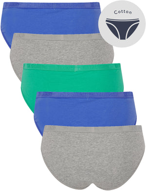 Jean (5 Pack) Cotton Assorted Briefs in Light Grey Marl / Baja Blue / Peacock Green - Tokyo Laundry