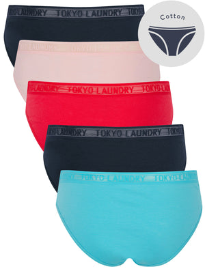 Elvie (5 Pack) Cotton Assorted Briefs with Mesh Waistband in Blue Mist / Navy Blazer / Rose Red / Icy Pink  - Tokyo Laundry