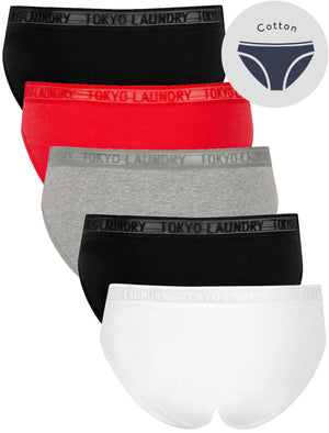 Ayla (5 Pack) Cotton Assorted Briefs with Mesh Waistband in Snow White / Jet Black / Light Grey Marl / Fiery Red - Tokyo Laundry