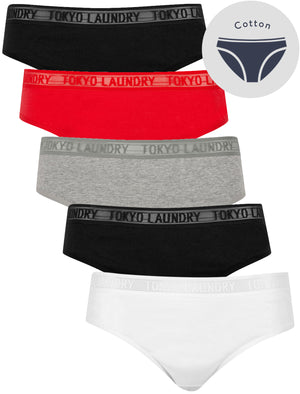 Ayla (5 Pack) Cotton Assorted Briefs with Mesh Waistband in Snow White / Jet Black / Light Grey Marl / Fiery Red - Tokyo Laundry