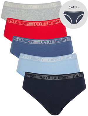 Ayla 3 (5 Pack) Cotton Assorted Briefs with Mesh Waistband in Peacoat / Hydrangea Blue / Gray Blue / Urban Red / Light Grey Marl - Tokyo Laundry