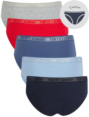 Ayla 3 (5 Pack) Cotton Assorted Briefs with Mesh Waistband in Peacoat / Hydrangea Blue / Gray Blue / Urban Red / Light Grey Marl - Tokyo Laundry