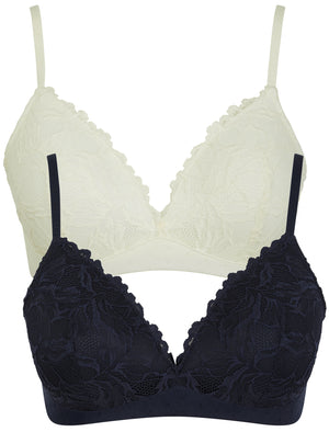 Myla Non-Wired Soft Padded Lace Texture (2 Pack) Bra in Snow White / Peacoat Blue - Tokyo Laundry