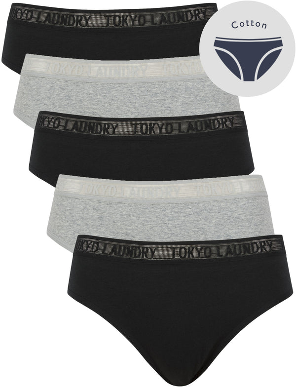 Ayla 6 (5 Pack) Cotton Assorted Briefs with Mesh Waistband in Jet Black / Light Grey Marl - Tokyo Laundry