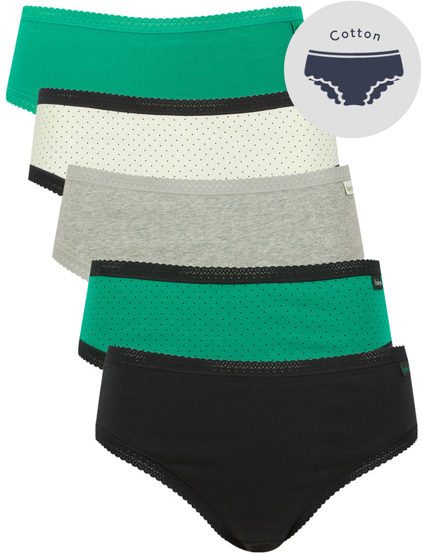 Maria 2 (5 Pack) Assorted Stretch Cotton Briefs with Lace Trim in Jet Black / Pepper Green / Light Grey Marl / Snow White - Tokyo Laundry