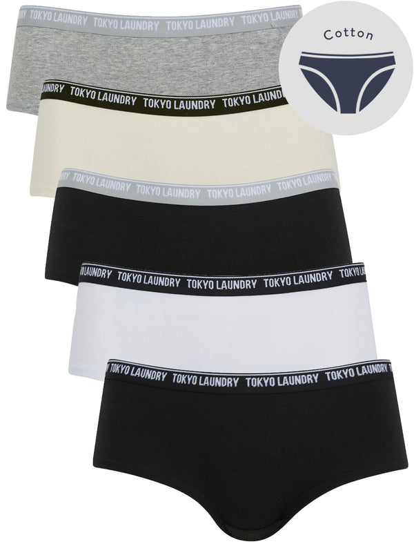 Esther (5 Pack) Assorted Stretch Cotton Briefs in Jet Black / Bright White / Jet Stream / Light Grey Marl - Tokyo Laundry