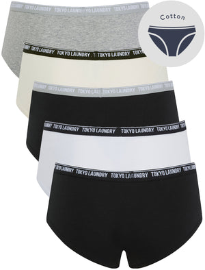 Esther (5 Pack) Assorted Stretch Cotton Briefs in Jet Black / Bright White / Jet Stream / Light Grey Marl - Tokyo Laundry
