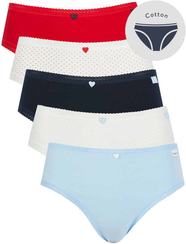 Maria Heart (5 Pack) Assorted Stretch Cotton Briefs with Lace Trim in Barbados Cherry / Sugar Swizzle / Sky Captain Navy / Cashmere Blue - Tokyo Laundry