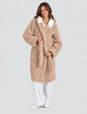 Women's Teddy Chunky Soft Fleece Tie Robe Dressing Gown with Hood in T – Tokyo Laundry