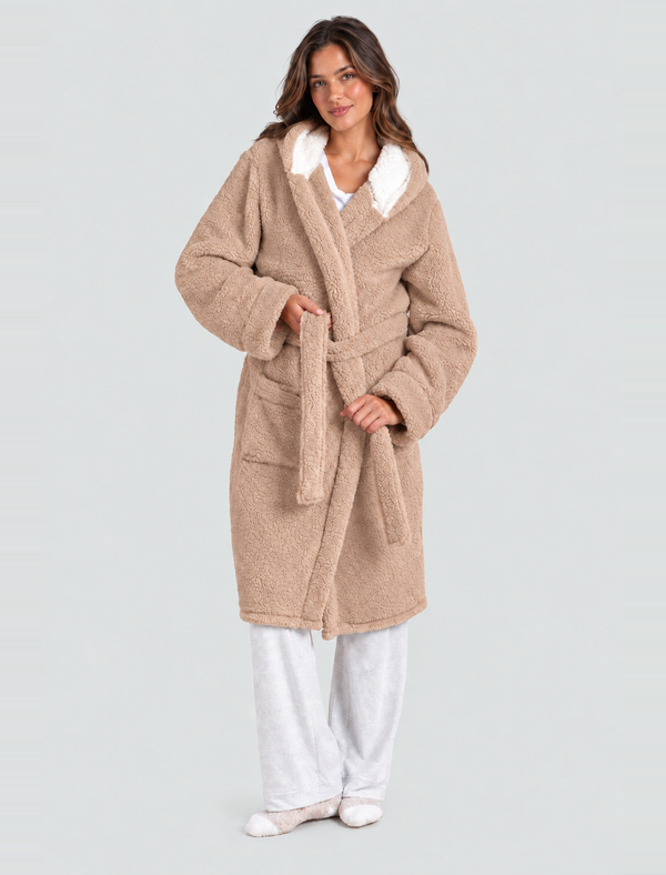Women's Teddy Chunky Soft Fleece Tie Robe Dressing Gown with Hood in Tan - Tokyo Laundry