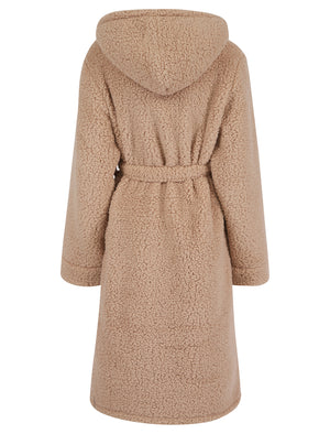 Women's Teddy Chunky Soft Fleece Tie Robe Dressing Gown with Hood in Tan - Tokyo Laundry