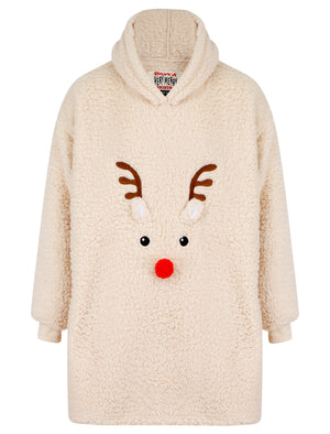 Adult Reindeer Fleece Soft Fleece Borg Lined Oversized Hooded Christmas Blanket with Pocket in Ecru - Merry Christmas