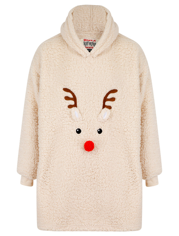 Adult Reindeer Fleece Soft Fleece Borg Lined Oversized Hooded Christmas Blanket with Pocket in Ecru - Merry Christmas