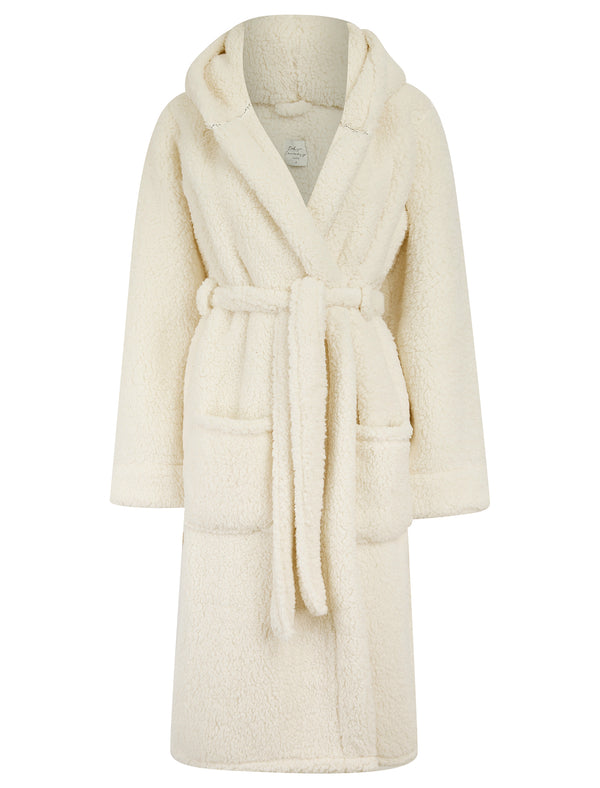 Women's Teddy Chunky Soft Fleece Tie Robe Dressing Gown with Hood in Egret Ivory - Tokyo Laundry