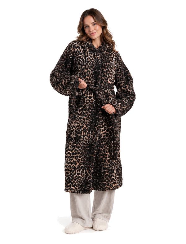 Women's Daniels Leopard Print Soft Fleece Tie Robe Hooded Dressing Gown in Sesame - Tokyo Laundry