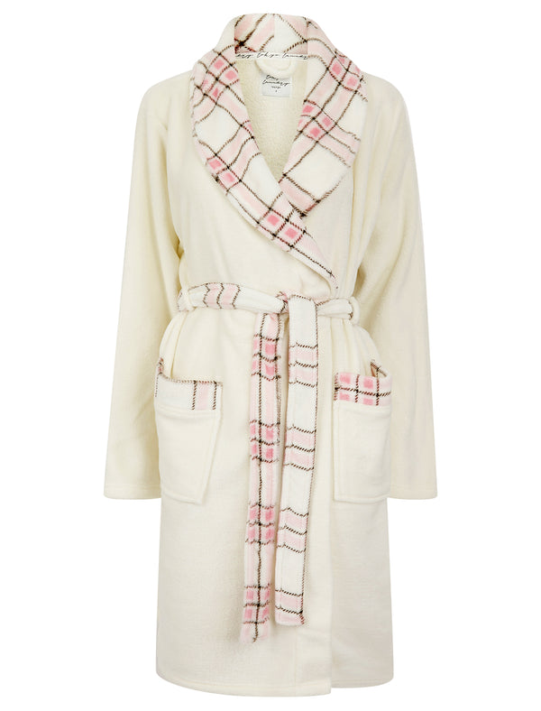 Women's Porry Check Detail Soft Fleece Tie Robe Dressing Gown in Marshmallow White - Tokyo Laundry