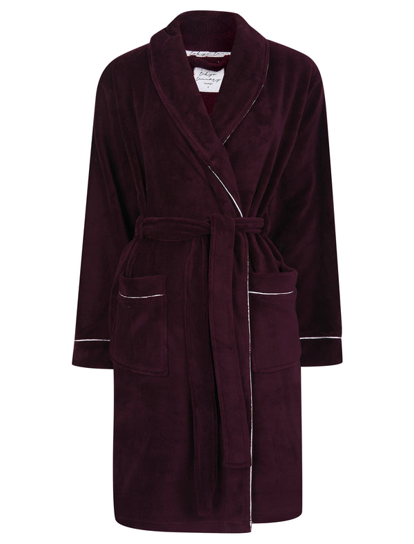 Women's Pippen Contrast Piping Detail Soft Fleece Tie Robe Dressing Gown in Fig - Tokyo Laundry