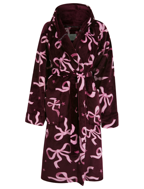Women's Ribbon Bow Pattern Soft Fleece Tie Robe Dressing Gown in Fig - Tokyo Laundry