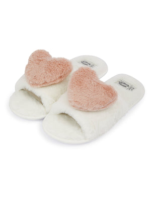 Heart Faux Fur Open Toe Slippers with Faux Fur Lining in Cream - Tokyo Laundry
