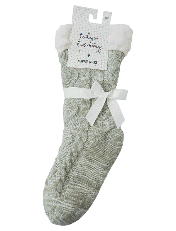 Jessabelle Women's Sherpa Fleece Lined Cable Knit Slipper Socks in Grey - Tokyo Laundry