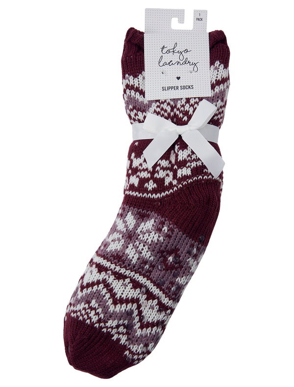Jenna Women's Sherpa Fleece Lined Nordic Fairisle Knit Slipper Socks in Burgundy - Tokyo Laundry