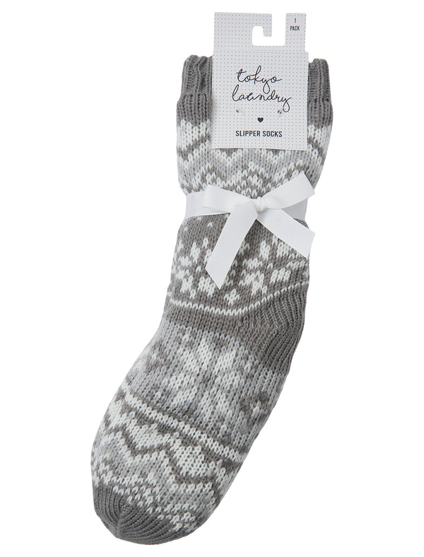 Jenna Women's Sherpa Fleece Lined Nordic Fairisle Knit Slipper Socks in Grey - Tokyo Laundry