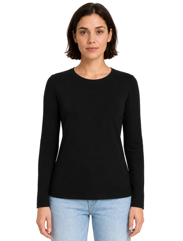 Nadia Plain Cotton Crew Neck Long Sleeve T-Shirt in Jet Black - Amara Reya