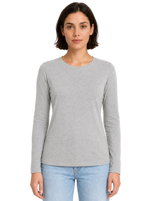 Nadia Plain Cotton Crew Neck Long Sleeve T-Shirt in Light Grey Marl - Amara Reya