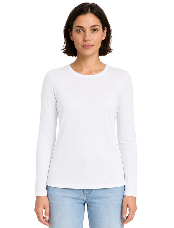 Nadia Plain Cotton Crew Neck Long Sleeve T-Shirt in Optic White - Amara Reya