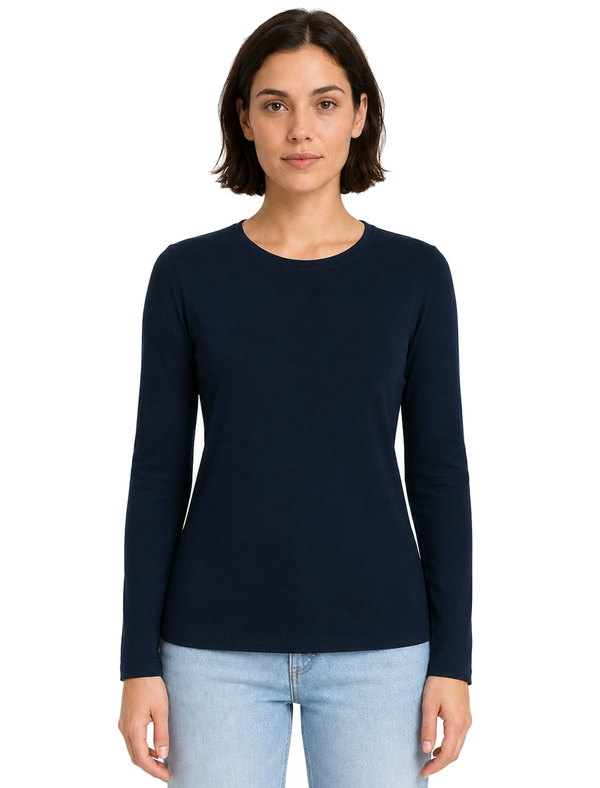 Nadia Plain Cotton Crew Neck Long Sleeve T-Shirt in Peacoat Blue - Amara Reya