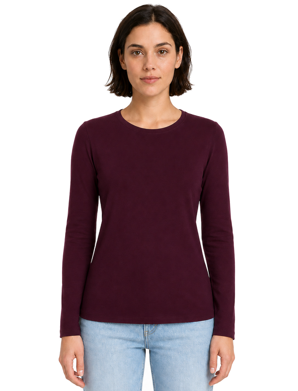 Nadia Plain Cotton Crew Neck Long Sleeve T-Shirt in Fig - Amara Reya