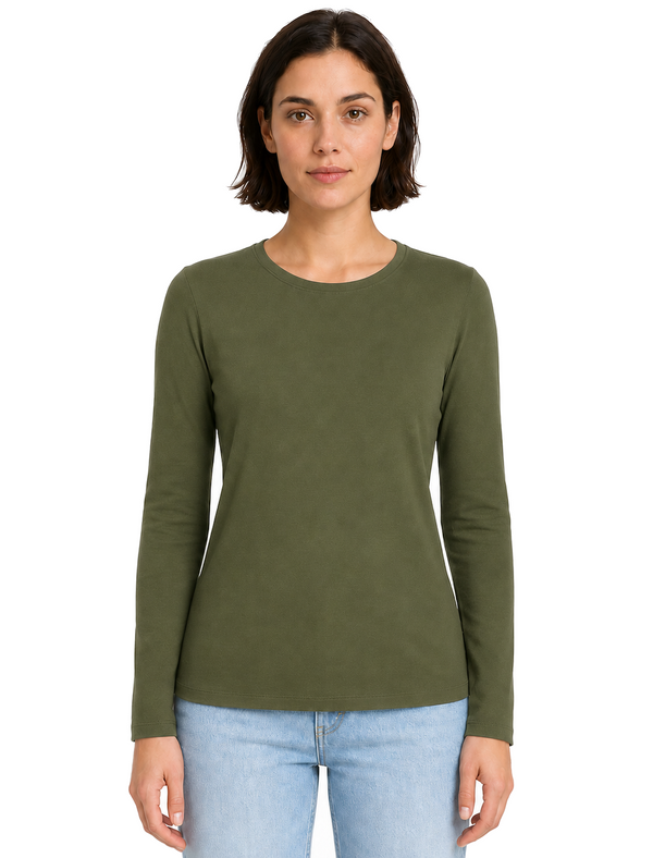Nadia Plain Cotton Crew Neck Long Sleeve T-Shirt in Four Leaf Clover - Amara Reya