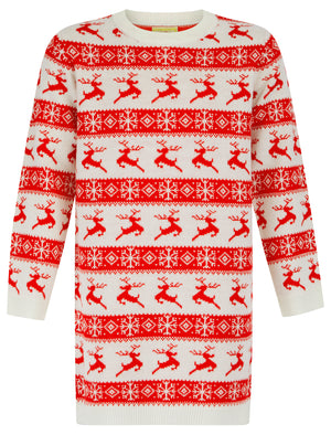 Girl's Leaping Vixen Nordic Fair Isle Novelty Knitted Christmas Jumper Dress in Gardenia - Merry Christmas Kids (4-12yrs)