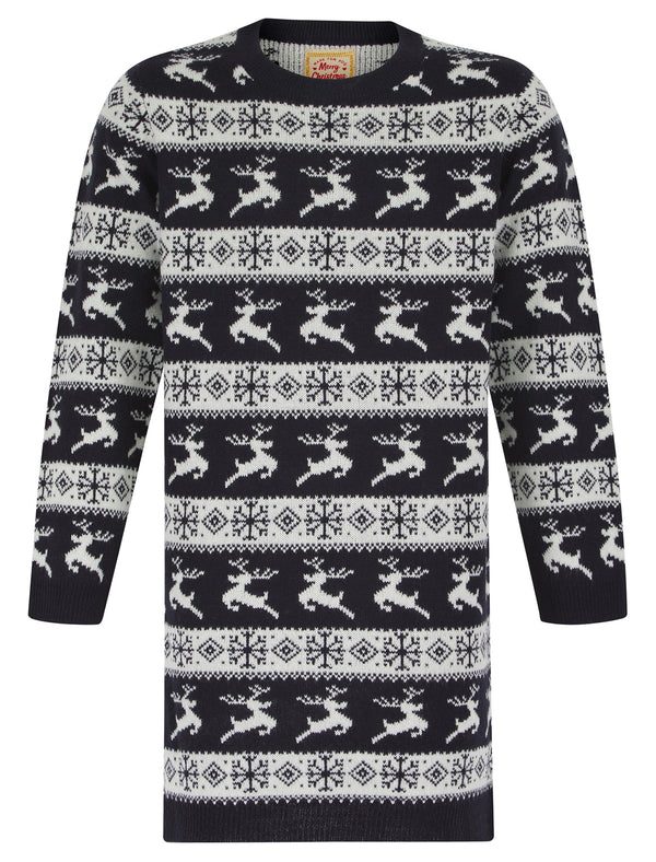 Girl's Leaping Vixen Nordic Fair Isle Novelty Knitted Christmas Jumper Dress in Ink - Merry Christmas Kids (4-12yrs)