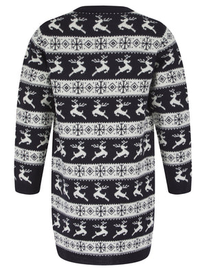 Girl's Leaping Vixen Nordic Fair Isle Novelty Knitted Christmas Jumper Dress in Ink - Merry Christmas Kids (4-12yrs)