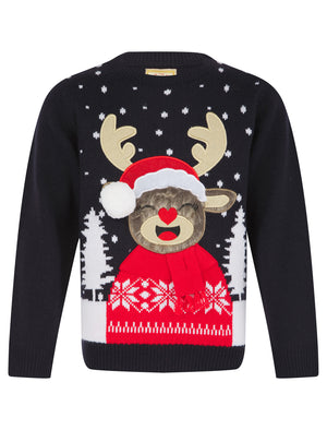 Girl's Laughing Rudolph Novelty Knitted Christmas Jumper in Ink - Merry Christmas Kids (4-12yrs)