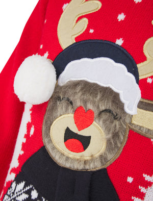 Girl's Laughing Rudolph Novelty Knitted Christmas Jumper in Tokyo Red - Merry Christmas Kids (4-12yrs)