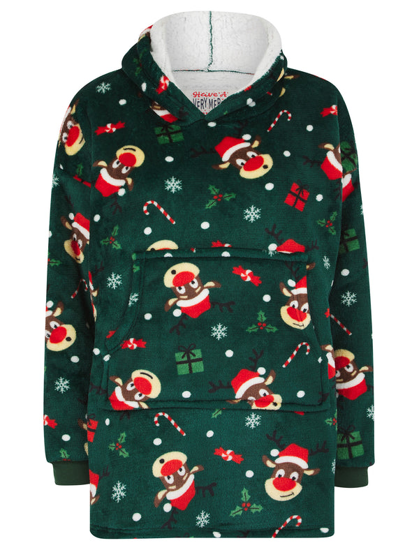 Kids Reindeer Faces Soft Fleece Borg Lined Oversized Hooded Christmas Blanket with Pocket in Rain Forest Green - Merry Christmas Kids (4-12yrs)