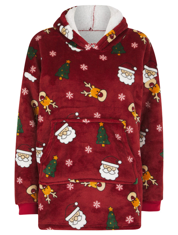 Kids Christmas Stickers Soft Fleece Borg Lined Oversized Hooded Christmas Blanket with Pocket in Red Dahlia - Merry Christmas Kids (4-12yrs)