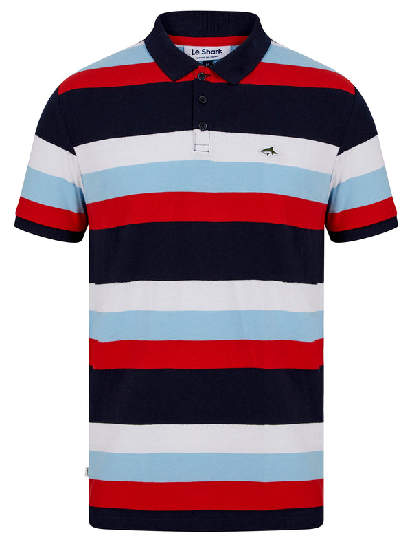 Rural Yarn Dyed Striped Cotton Pique Polo Shirt in Chinese Red - Le Shark