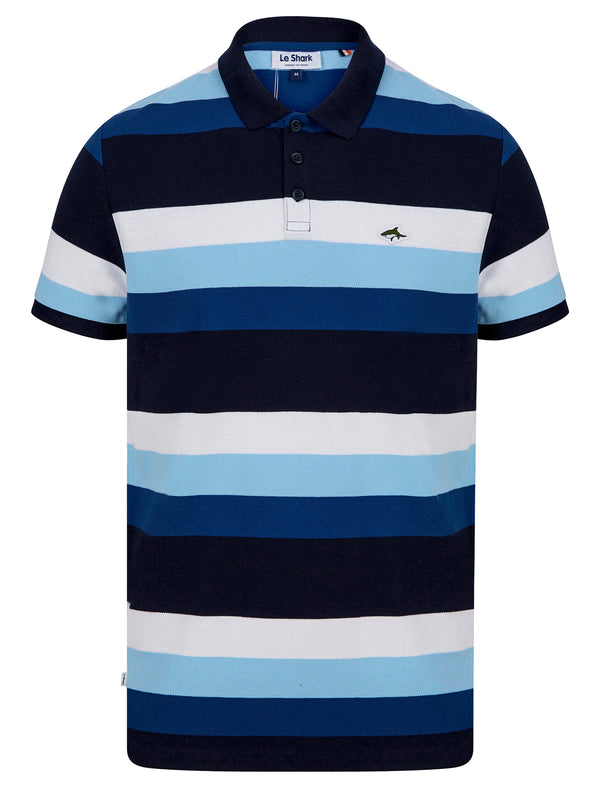 Rural Yarn Dyed Striped Cotton Pique Polo Shirt in Limoges Blue - Le Shark