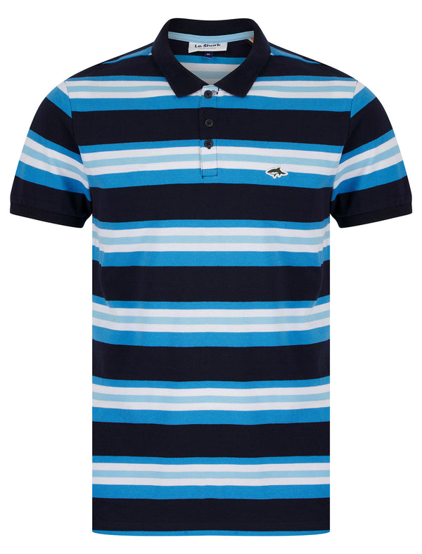 Shavers Yarn Dyed Striped Cotton Pique Polo Shirt in Azure Blue - Le Shark