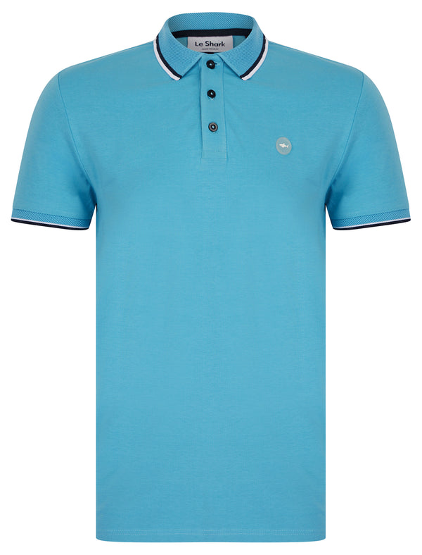 Lincoln Stretch Cotton Pique Polo Shirt with Tipping in Blissful Blue - Le Shark