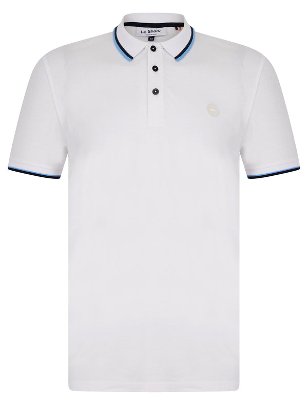 Lincoln Stretch Cotton Pique Polo Shirt with Tipping in Bright White - Le Shark