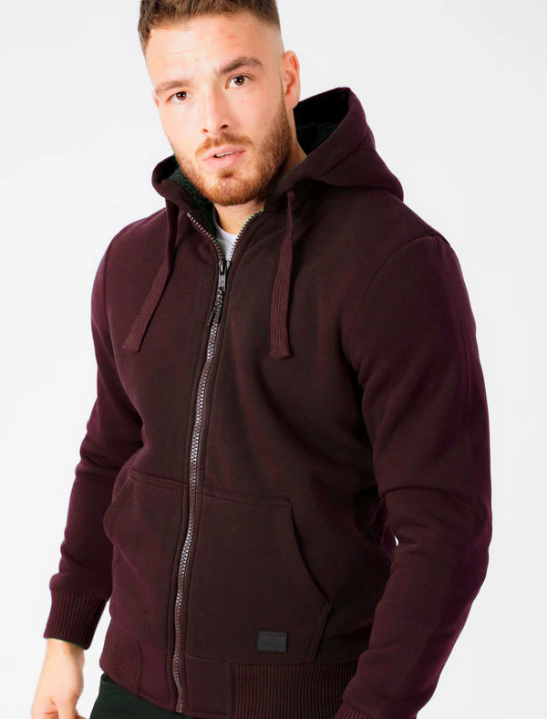 Bolo 2 Zip Through Chunky Hoodie With Borg Lining In Wine - Dissident