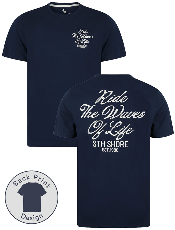 Aquilani Back Print Vintage Retro Graphic Motif Cotton Jersey T-Shirt in Medieval Blue - South Shore